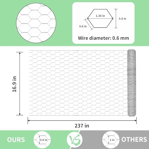 Chicken Wire 16.9 in x 237 in Poultry Wire Netting Hexagonal Galvanized Mesh Garden Fence Barrier for Pet Rabbit Chicken Fencing - color: Silver, size: 16.9"x237"+0Ties