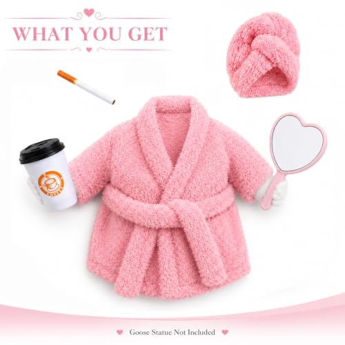 Old Lady Porch Goose Outfits 23 in Bathrobe Lawn Goose Costume Set Pink | 23 Inch, for Porch Goose Cement or Plastic Statue, with Shower Cap Coffee Cup Mirror , Lawn Yard Garden Patio Decor - style: Bathrobe light pink