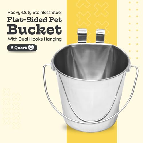 6 quart Stainless Steel Flat Sided Bucket with Dual Hooks | 1.5 gal Durable Food & Water Bowl for XL Dog Goat Sheep & Livestock | Fits kennel Cage Critter Crate | Hanging Utility Pet Pail - size: 6 Quart