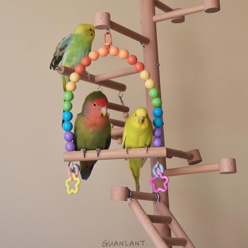 Bird Cage Swings Perch Cockatiels Parrot Hanging Chewing Beads Bell Toys | Parakeets Birdcage Wood Stands, Rainbow Color Acrylic Bead, Climbing Training Set for Lovebirds Conures Budgies - color: Rainbow