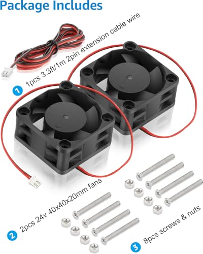 GDSTIME 40mm x 40mm x 20mm 24V DC Cooling Fan 2Pin for 3D Printer 2-Pack | 4020 Axial Fans, 24 Volt Brushless, 6000RPM, Hydraulic Bearing, 40x40x20mm - size: 40x20mm