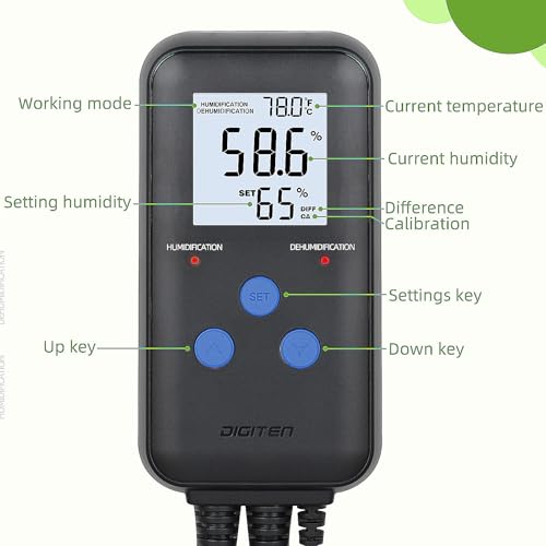 DIGITEN Humidity Controller with Temperature Display for Reptile, Mushroom | Pre-Wired Digital Humidistat, Dual-Stage Outlet Humidifier/Dehumidifier for Grow Tent/Greenhouse, LCD Display, Plug & Play