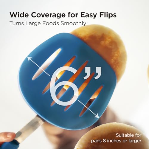 Kitchen Mama WaltzGrip Platinum Silicone Pancake Spatula Turner, Blue | Heat-Resistant, Slotted Tapered Head, Stainless Steel Core, Durable and Dishwasher-Safe, For Flipping and Wok Use - color: Blue