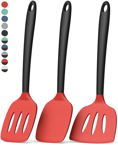 Coukre 3 Pack Silicone Spatula Set, Heat Resistant to 500°F, BPA-Free | Fish Spatula, Solid & Slotted Turners, Dishwasher Safe, Spatula Set for Eggs, Pancakes, Fish & Burgers, RedBlack - color: RedBlack