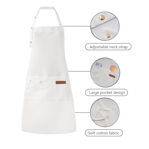 Tosewever Art Aprons for Women Painting Pottery Baking, Mens Buckle Straps Kitchen Apron with Pockets for Chef Cooking - color: White