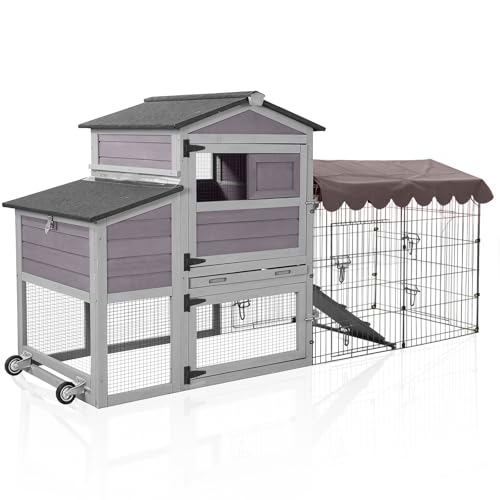 Aivituvin Chicken Coop with Wheels Mobile Hen House Poultry Cage for 2-4 Chickens with Metal Run and Nesting Box 79" L - color: Grey, size: 81.9"L x 28.9"W x 43.6"H
