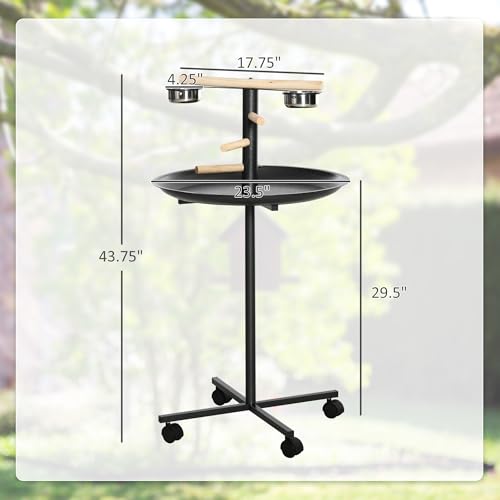 PawHut Bird Play Stand, Portable Parrot Perch, Bird Feeder Station, with Four Wheels, Stainless Steel Feeding Bowls, Round Tray, Grey | Bird Feeder Station, Stainless Steel Feeding Bowls