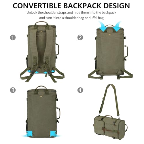 Travel Backpack for Men, 40L Flight Approved Carry On Backpack, Water Resistant Canvas Rucksack with 17.3" Laptop Sleeve, Convertible Duffel Bag for Airplane, Business & Travel - color: Green