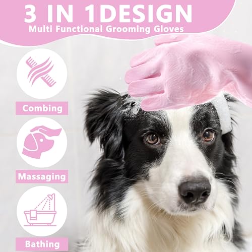 Pet Grooming Gloves—Dog Washing Gloves with High-Density Teeth | Dog Bath Scrubber with Enhanced Five Finger Design, Silicone Gloves for Dogs and Cats Bathing, Massage (Pink) - color: Pink