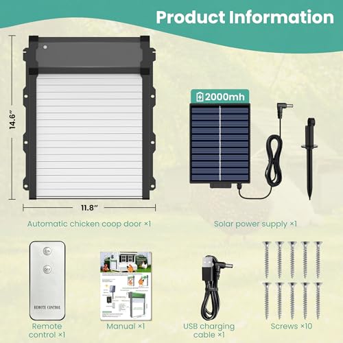 Automatic Chicken Coop Door with Timer & Light Sensor, 4 Modes Automatic chicken door with Remote Control & Anti-pinch Function, Solar Chicken Coop door with External Power Supply Connection, Outdoor