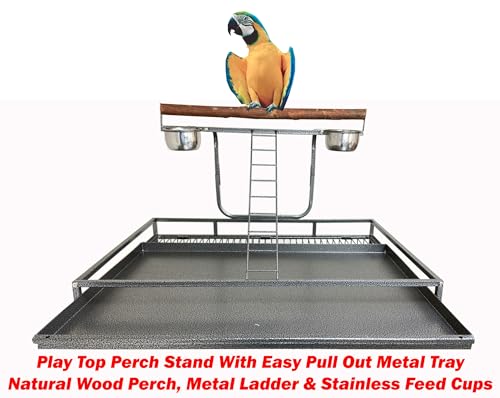 Extra Large Elegant and Durable Wrought Iron Climbing Ladder Perch Stand Play Top Ground Bird Parrot Metal Cage Around Seed Guard Storage Shelf with Heavy Duty Lockable Rolling Wheels - size: 32" x 23" x 69"H