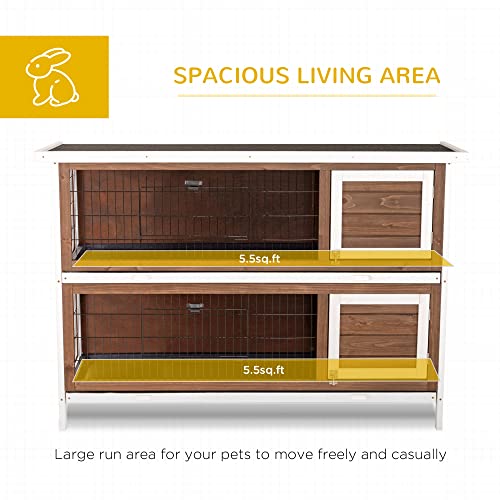 PawHut 54" 2-Story Large Rabbit Hutch Bunny Cage, Lockable Doors Brown | Wooden Pet House, Small Animal Habitat, No Leak Tray, Waterproof Roof, for Chickens Ducks, Outdoor/Indoor - color: Coffee Brown