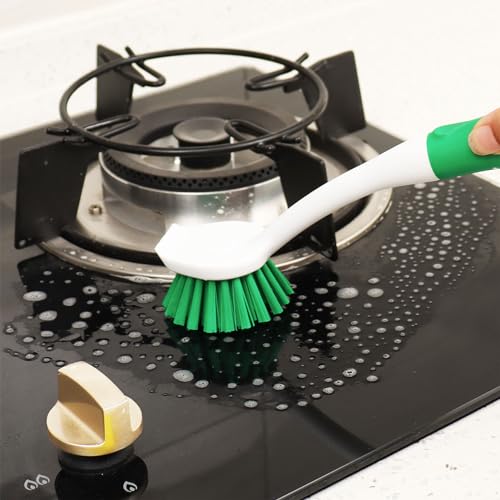 Dish Brush with Handle, 2 Pack Scrub Brushes, Green | Built-in Scraper, For Cleaning Kitchen, Pots, Pans and Sink, Scrubber Washing Tools - color: Green