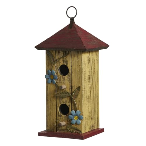 Glitzhome Bird houses for Outside,11.75"H Hand Painted Distressed Wooden Decorative Hanging Bird House for Outdoor Garden Birdhouse with 3D Metal Flower for Swallow Sparrow Hummingbird Finch Cardinals - color: 11.75"H