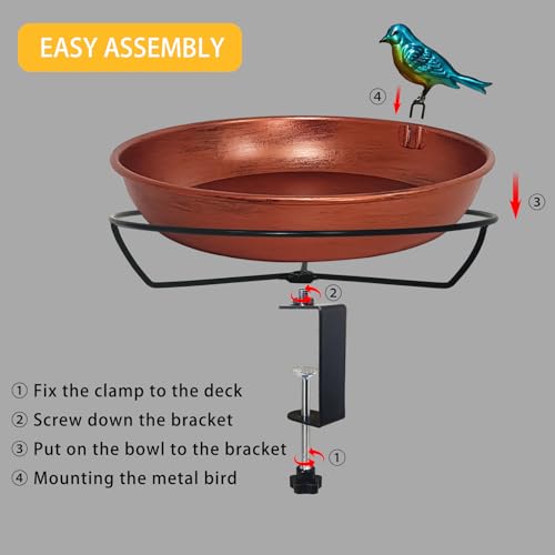 Deck Bird Bath for Outdoors, 11" Copper Metal Birdbath Bowl with Adjustable Big Steel Clamp Backyard Bird Bath&Bird Feeder for Railing Balcony Fence Yard Art Garden Decor - color: Antique Copper