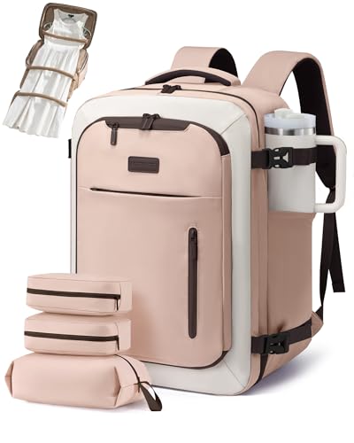 LOVEVOOK Travel Backpack for Women Men with Garment Bag, 50L Carry on Backpack as TSA Personal Item Flight Approved, Luggage Daypack Fits 17.3" Laptop, Overnight Business Weekender Travel Essential - color: Blush Pink, size: 50L-18.3 Inch-4Pcs