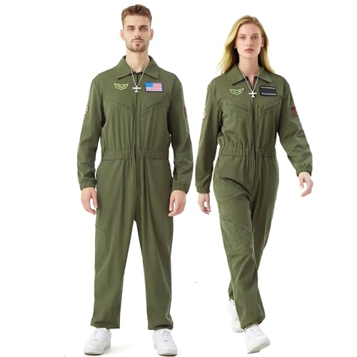 JoeRita Fighter Pilot Costume Men Flight Suit Aero Jumpsuit Women Halloween | Custom DIY Patches, Comfortable Fabric, Classic Pilot Outfit - size: XX-Large