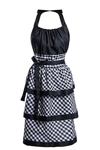 Lovely Flower Pattern Retro Aprons With Large Pockets for Women Girls Cooking Kitchen Bakery Mother's Gift - color: Black Plaid