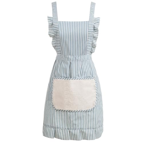 Cute Cotton Apron for Women, Adjustable Bib Cooking Kitchen Aprons with Pockets for BBQ Drawing Baking - color: Blue