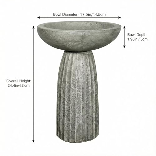 SunJet Modern Bird Bath, 24.4inches Height Fibre-Reinforced Concrete Birdbath with Textured Pedestal for Outdoor Garden, Yard, Lawn Decor - color: Silver Gray, size: 24.4inches
