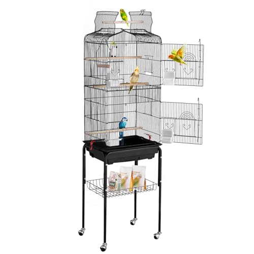 VEVOR 64-inch Open Top Large Parrot Bird Cage with Detachable Rolling Stand for Parakeets Finches Canaries Lovebirds Cockatiels Budgies Small Quaker Conures Flight Birdcage with Swing and Perch - size: 18.0"L x 14.0"W x 59.5"H