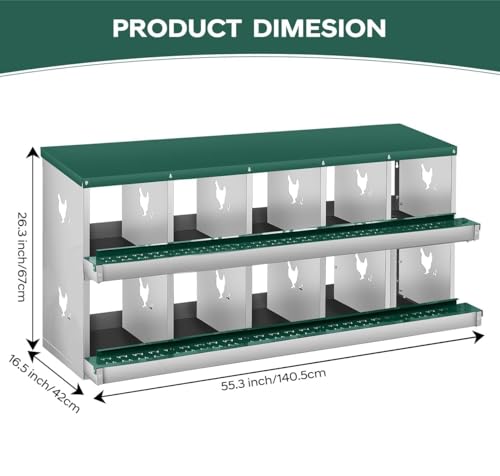 GarveeLife Chicken Nesting Box, 10 Compartments Nesting Box for Chickens, Two-Tier Steel Chicken Egg Laying Box with Large Vented Holes Wall Mounting for Easy Egg Collection - color: Green / 10 Compartments