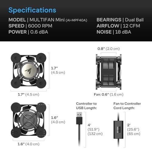AC Infinity MULTIFAN Mini, Quiet 40 mm USB Fan for Receiver DVR PlayStation Xbox Computer Cabinet Cooling | For VR Gear, Aquarium, Roku, Router, Raspberry Pi, Cosplay, Helmet Cooling Ventilation - size: Mini
