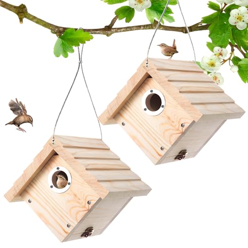 Dreyoo 2 Pack Wren House, 1-1/8'' Entrance Hole Hanging Wooden Wren Bird Houses for Outside with Metal Guard, Air Vents, Pine Wood for Chickadees (Wood Color) - color: Wood Color