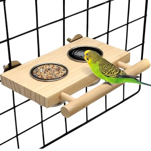 Tfwadmx Bird Feeding Dish Cups with Wooden Platform Hanging Stainless Steel Parrot Cage Feeder Bowl Wood Perch Stand for Parakeet Cockatiels Lovebirds Budgie (Small) - size: Log Perch