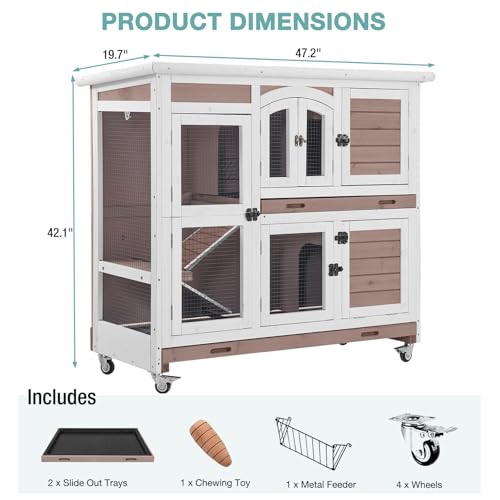 Rabbit Hutch Indoor Bunny House Guinea Pig Cage with Sliding Plastic Trays, Wheels & Ramp, 47.2" Multi-Door Wooden Small Animal Cage for Rabbits, Bunnies, and Guinea Pigs (Brown) - color: Brown