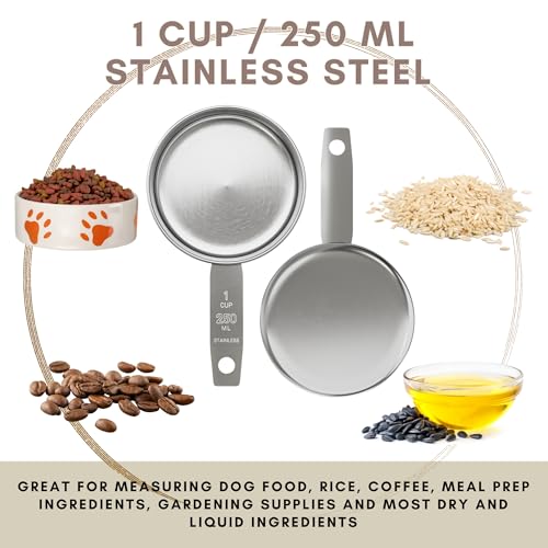 1 Cup Stainless Steel Measuring Cup | Sturdy Metal 250 ml | 240 cc | 8 oz | Single Cup for Wet and Dry Ingredients | Great for use as 1 Cup Dog Food Scoop - 1 PK - size: 1 Cup