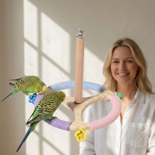 Bird Stand Perch Toy, Rotating Exercise Wheel, 8 inches Wooden Perch with Bells, Cage Accessories for Parakeet, Budgie, Cockatiel