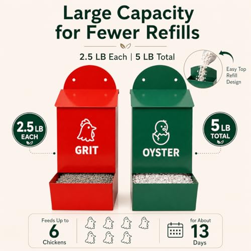 Chicken Grit and Oyster Shell Feeder 2 Pack, Oyster Shell for Chickens and Grit for Chickens Holder, No Waste Chicken Feeder with Rainproof Lids, Drain Holes, Wall Mounted Metal