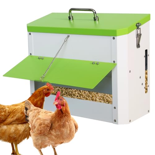 Automatic Chicken Feeder 22lb Wall Mounted Hanging Poultry Feeding Trough | stainless steel metal Hen Rooster Duck Lid Gravity Goose Coop heavy duty feed bucket chick food fence station outdoor