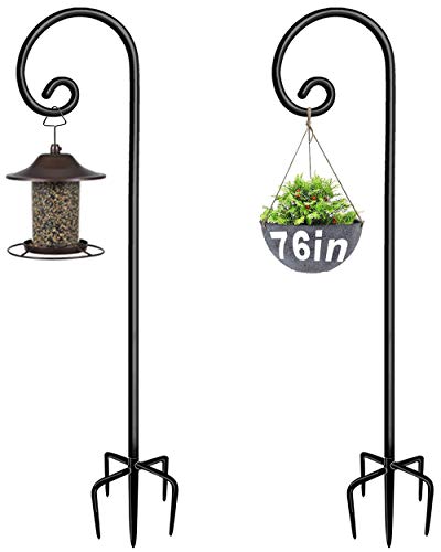 Outdoor Shepherd Hooks 76 inch Tall for Bird Feeder (2 Packs), Adjustable Metal Garden Poles for Hanging Plants Solar Light Lantern, Bright Black - size: 76IN