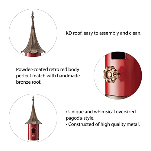 Glitzhome 32”H Metal Hanging Birdhouse for Outdoors Oversized Farmhouse Pagoda Painted Bird House with Bronze Roof for Bluebird Wren Chickadee Sparrow Bird Nest Box for Garden Patio, Retro Red - color: Retro Red