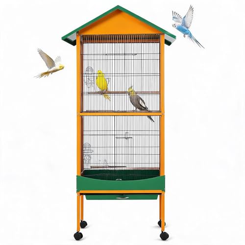66'' Extra Large Parrot Bird Cage with Rolling Stand, Removable Tray, Waterproof Roof & Lockable Casters, Durable Wrought Iron Bird Cages for Macaw, Cockatiel, Budgie, Lovebird