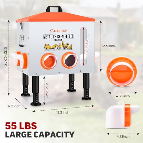 55LBS Large Capacity Automatic Chicken Feeder - Upgraded Window Design Allows Viewing of Feed Conditions, 8 Feeding Ports, Anti-Waste Design, Height-Adjustable Legs & Secure