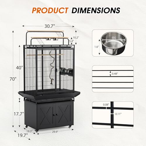 70" Large Bird Cage with Play Top, Metal Parrot Cage with Storage Cabinet | Tall Big Bird Flight Cage with Pull-Out Tray, Feeders, Cover, Stand, Rope, Aviary for Macaw Parakeet Cockatiel Budgie, Black