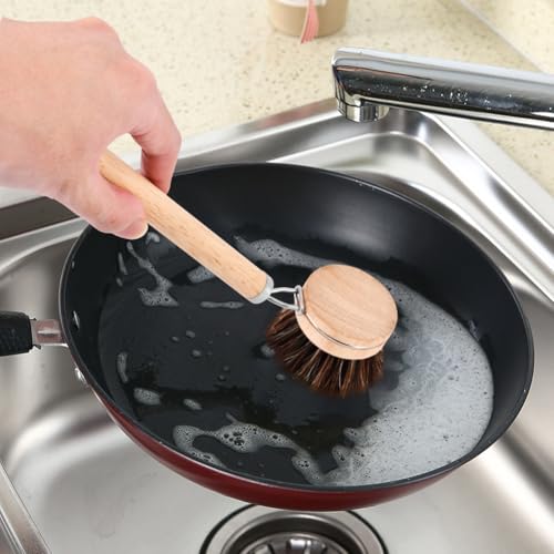 Bamboo Dish Brush with Handle, 3 Natural Bristle Heads | (Horsehair, Sisal, Palm) Replaceable Heads, Wooden Dish Brush for Washing and Cleaning Pot Pan Bowl