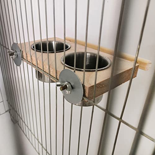 2 in 1 Bird Perch Feeder Stainless Steel Feeding Cups Water Bowls with Wood Perch Stand Platform for Small Birds