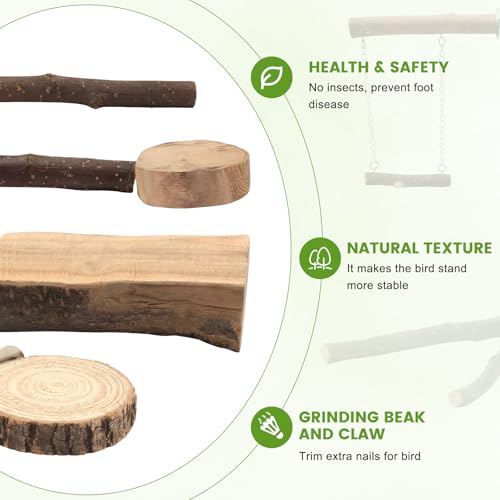 8 Pcs Natural Wood Bird Perch Swing & Bird Rope Platform Set | Fits Small/Medium Parrots (Budgies, Conures) | Multi-Level Cage Gym for Climbing | Safe Chewing | Tool-Free Mount - size: Swing & Rope Set - 8PCS