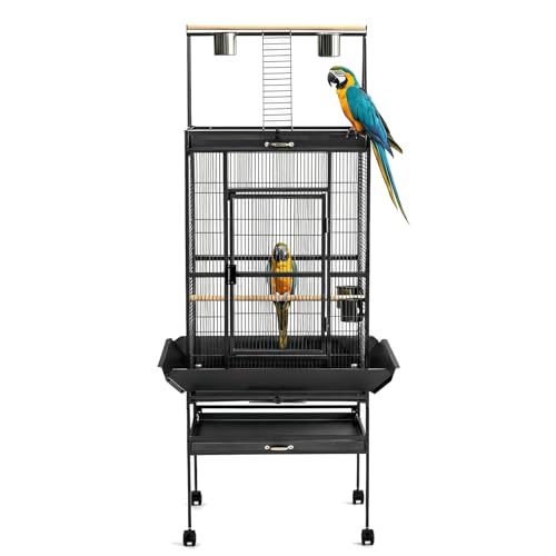 69" H Extra Large Bird Cage with Play Top & Rolling Stand, Wide Metal Parrot Cage for Macaws, Parakeets, Cockatoos, Conures, Lovebirds, Includes Bowls | Wide Flight Cage for Macaws, Parakeets, Cockatoos, Conures, Lovebirds, Includes Bowls - size: 31.9"L x