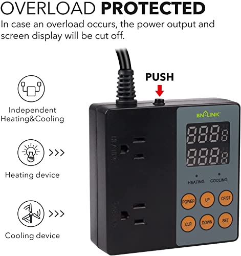 BN-LINK Temperature Controller Dual Thermostat Outlet for Heating Cooling | 2-Stage Outlet Digital Temp Controller Plug for Reptiles Aquarium Carboy Homebrew Breeding Fermenter, -58-230℉, 15A/1875W - style: T9