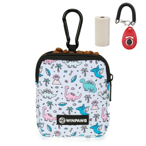 Dog Treat Pouch with Training Clicker,Waterproof Nylon Fabric Poop Bag Holders for Leashes,Hands Free Small Dog Walking Bag with Carabiner, Pet Puppy Training Walking Essentials (Dinosaur) - color: Dinosaur
