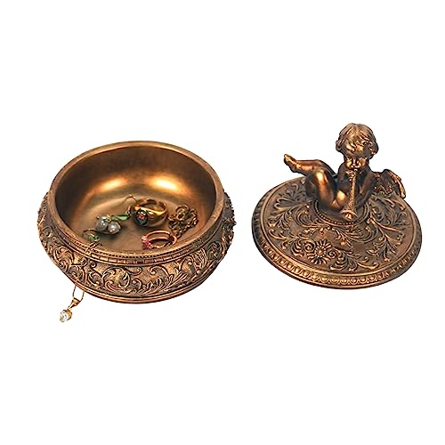 S-MANTIS Vintage Box Antique Trinket Organizer Rings Earrings Storage Gilded Round Box With Sophisticated Floral Decor And Cherub Playing The Trumpet Lid Keepsake Unique Gift (Antique Gold-Round) - color: Antique Gold-Round