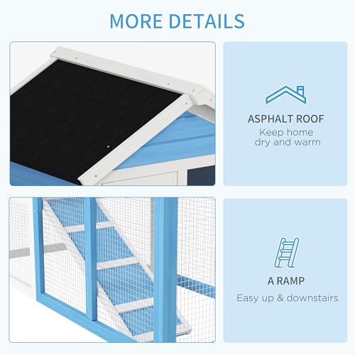 PawHut 49" Wooden Rabbit Hutch Bunny Cage with Fun Outdoor Run Light Blue | Waterproof Asphalt Roof, Removable Tray and Ramp, for Rabbits, Chickens, Ducks - color: Light Blue