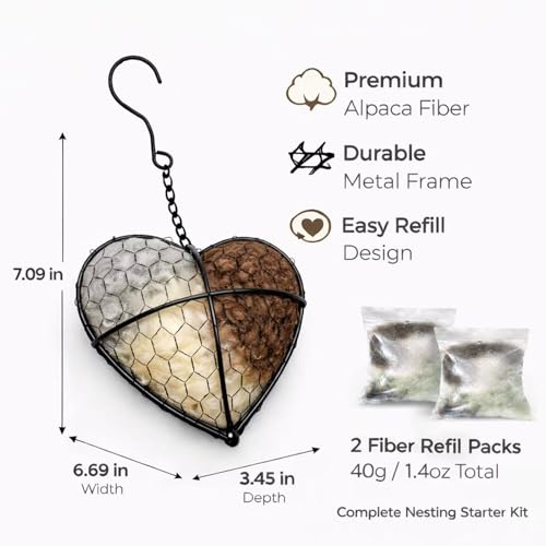 Handmade Alpaca Fiber Bird Nesting Heart,Hummingbird Houses Art Bird nest Box &Wild Birds nest Material Holder Outdoor Garden,Gift for Bird Lovers(1PCS) - color: Undyed Natural