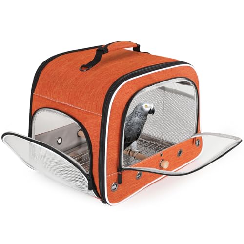 Bird Carrier Bag for Small to Large Bird, Portable Travel Carrier Cage with Standing Perches Metal Tray and Grate (Orange, Large Carrier) - color: Orange