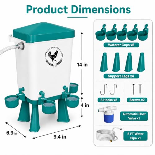 3 Gallon Chicken Waterer with 10 Chicken Water Cups, No Spill Poultry Waterer Bucket with Stand Legs, Hooks and Screws, Chicken Water Feeder for Coop, Ducks, Hens, Farm (Blue, Auto-1pcs) - color: Blue, size: Auto-1pcs